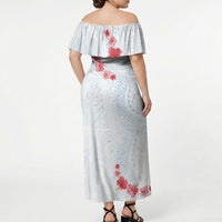 Hawaiian Tribal Tattoo and Hibiscus Off Shoulder Maxi Dress Polynesian Pattern Airy White Blue Cloud