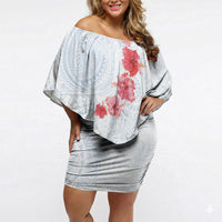 Hawaiian Tribal Tattoo and Hibiscus Off Shoulder Short Dress Polynesian Pattern Airy White Blue Cloud