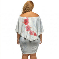 Hawaiian Tribal Tattoo and Hibiscus Off Shoulder Short Dress Polynesian Pattern Airy White Blue Cloud