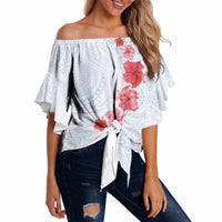 Hawaiian Tribal Tattoo and Hibiscus Off Shoulder Wrap Waist Top Polynesian Pattern Airy White Blue Cloud