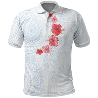 Hawaiian Tribal Tattoo and Hibiscus Polo Shirt Polynesian Pattern Airy White Blue Cloud