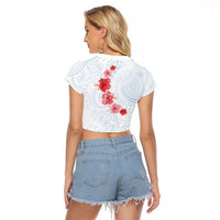 Hawaiian Tribal Tattoo and Hibiscus Raglan Cropped T Shirt Polynesian Pattern Airy White Blue Cloud