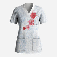 Hawaiian Tribal Tattoo and Hibiscus Scrub Top Polynesian Pattern Airy White Blue Cloud