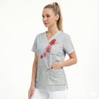 Hawaiian Tribal Tattoo and Hibiscus Scrub Top Polynesian Pattern Airy White Blue Cloud