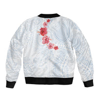 Hawaiian Tribal Tattoo and Hibiscus Sleeve Zip Bomber Jacket Polynesian Pattern Airy White Blue Cloud