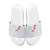 Hawaiian Tribal Tattoo and Hibiscus Slide Sandals Polynesian Pattern Airy White Blue Cloud