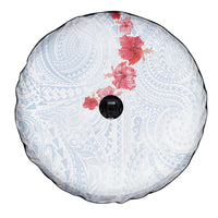 Hawaiian Tribal Tattoo and Hibiscus Spare Tire Cover Polynesian Pattern Airy White Blue Cloud