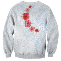 Hawaiian Tribal Tattoo and Hibiscus Sweatshirt Polynesian Pattern Airy White Blue Cloud