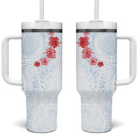 Hawaiian Tribal Tattoo and Hibiscus Tumbler With Handle Polynesian Pattern Airy White Blue Cloud