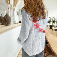 Hawaiian Tribal Tattoo and Hibiscus Women Casual Shirt Polynesian Pattern Airy White Blue Cloud