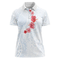 Hawaiian Tribal Tattoo and Hibiscus Women Polo Shirt Polynesian Pattern Airy White Blue Cloud