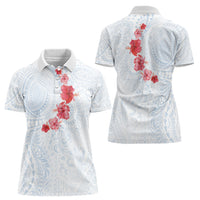 Hawaiian Tribal Tattoo and Hibiscus Women Polo Shirt Polynesian Pattern Airy White Blue Cloud