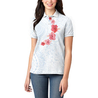 Hawaiian Tribal Tattoo and Hibiscus Women Polo Shirt Polynesian Pattern Airy White Blue Cloud