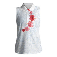 Hawaiian Tribal Tattoo and Hibiscus Women Sleeveless Polo Shirt Polynesian Pattern Airy White Blue Cloud