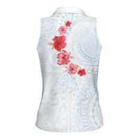 Hawaiian Tribal Tattoo and Hibiscus Women Sleeveless Polo Shirt Polynesian Pattern Airy White Blue Cloud