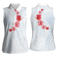 Hawaiian Tribal Tattoo and Hibiscus Women Sleeveless Polo Shirt Polynesian Pattern Airy White Blue Cloud