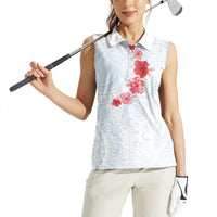 Hawaiian Tribal Tattoo and Hibiscus Women Sleeveless Polo Shirt Polynesian Pattern Airy White Blue Cloud