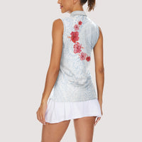 Hawaiian Tribal Tattoo and Hibiscus Women Sleeveless Polo Shirt Polynesian Pattern Airy White Blue Cloud