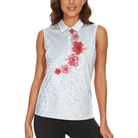 Hawaiian Tribal Tattoo and Hibiscus Women Sleeveless Polo Shirt Polynesian Pattern Airy White Blue Cloud