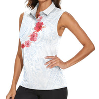 Hawaiian Tribal Tattoo and Hibiscus Women Sleeveless Polo Shirt Polynesian Pattern Airy White Blue Cloud