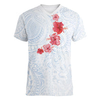 Hawaiian Tribal Tattoo and Hibiscus Women V-Neck T-Shirt Polynesian Pattern Airy White Blue Cloud