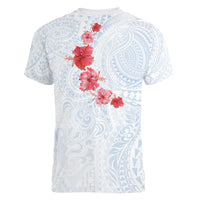 Hawaiian Tribal Tattoo and Hibiscus Women V-Neck T-Shirt Polynesian Pattern Airy White Blue Cloud