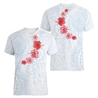 Hawaiian Tribal Tattoo and Hibiscus Women V-Neck T-Shirt Polynesian Pattern Airy White Blue Cloud