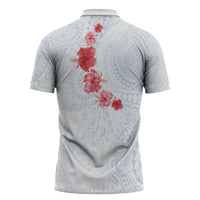Hawaiian Tribal Tattoo and Hibiscus Zipper Polo Shirt Polynesian Pattern Airy White Blue Cloud