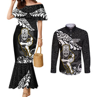 New Zealand Rugby Couples Matching Mermaid Dress and Long Sleeve Button Shirts Maori Warrior Rugby Silver Fern Tribal Pattern LT03 Black - Polynesian Pride
