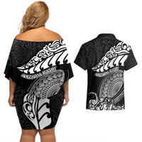 New Zealand Rugby Couples Matching Off Shoulder Short Dress and Hawaiian Shirt Maori Warrior Rugby Silver Fern Tribal Pattern LT03 - Polynesian Pride