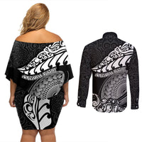 New Zealand Rugby Couples Matching Off Shoulder Short Dress and Long Sleeve Button Shirts Maori Warrior Rugby Silver Fern Tribal Pattern LT03 - Polynesian Pride