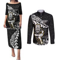 New Zealand Rugby Couples Matching Puletasi Dress and Long Sleeve Button Shirts Maori Warrior Rugby Silver Fern Tribal Pattern LT03 Black - Polynesian Pride