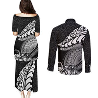 New Zealand Rugby Couples Matching Puletasi Dress and Long Sleeve Button Shirts Maori Warrior Rugby Silver Fern Tribal Pattern LT03 - Polynesian Pride