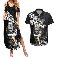 New Zealand Rugby Couples Matching Summer Maxi Dress and Hawaiian Shirt Maori Warrior Rugby Silver Fern Tribal Pattern LT03 Black - Polynesian Pride
