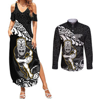 New Zealand Rugby Couples Matching Summer Maxi Dress and Long Sleeve Button Shirts Maori Warrior Rugby Silver Fern Tribal Pattern LT03 Black - Polynesian Pride