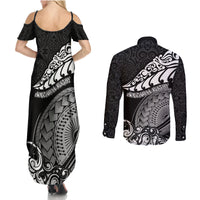 New Zealand Rugby Couples Matching Summer Maxi Dress and Long Sleeve Button Shirts Maori Warrior Rugby Silver Fern Tribal Pattern LT03 - Polynesian Pride
