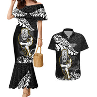 Custom New Zealand Rugby Couples Matching Mermaid Dress and Hawaiian Shirt Maori Warrior Rugby Silver Fern Tribal Pattern LT03 Black - Polynesian Pride