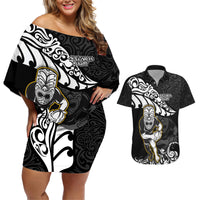 Custom New Zealand Rugby Couples Matching Off Shoulder Short Dress and Hawaiian Shirt Maori Warrior Rugby Silver Fern Tribal Pattern LT03 Black - Polynesian Pride