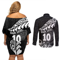 Custom New Zealand Rugby Couples Matching Off Shoulder Short Dress and Long Sleeve Button Shirts Maori Warrior Rugby Silver Fern Tribal Pattern LT03 - Polynesian Pride