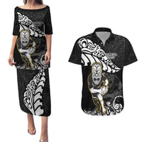 Custom New Zealand Rugby Couples Matching Puletasi Dress and Hawaiian Shirt Maori Warrior Rugby Silver Fern Tribal Pattern LT03 Black - Polynesian Pride