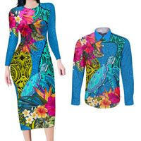 polynesian-couples-matching-long-sleeve-bodycon-dress-and-long-sleeve-button-shirts-the-turtle-jung-flower-with-maori-pattern-ethnic-style