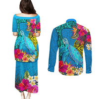 Polynesian Couples Matching Puletasi Dress and Long Sleeve Button Shirts The Turtle Jung Flower with Maori Pattern Ethnic Style LT03 - Polynesian Pride