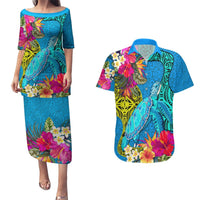 Custom Polynesian Couples Matching Puletasi Dress and Hawaiian Shirt The Turtle Jung Flower with Maori Pattern Ethnic Style LT03 Blue - Polynesian Pride