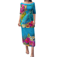 Custom Polynesian Puletasi The Turtle Jung Flower with Maori Pattern Ethnic Style LT03 Long Dress Blue - Polynesian Pride