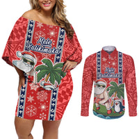Hawaii Christmas Couples Matching Off Shoulder Short Dress and Long Sleeve Button Shirts The Santa Surfing Hawaii Xmas Style LT03 Red - Polynesian Pride