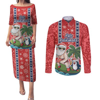 Hawaii Christmas Couples Matching Puletasi Dress and Long Sleeve Button Shirts The Santa Surfing Hawaii Xmas Style LT03 Red - Polynesian Pride