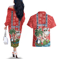 Custom Hawaii Christmas Couples Matching Off The Shoulder Long Sleeve Dress and Hawaiian Shirt The Santa Surfing Hawaii Xmas Style LT03 - Polynesian Pride