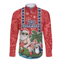 Custom Hawaii Christmas Long Sleeve Button Shirt The Santa Surfing Hawaii Xmas Style LT03 Unisex Red - Polynesian Pride