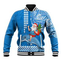 Hawaii Mele Kalikimaka Baseball Jacket Santa Riding The DolPhin Mix Kakau Pattern Blue Style LT03 Unisex Blue - Polynesian Pride