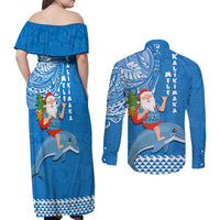 Hawaii Mele Kalikimaka Couples Matching Off Shoulder Maxi Dress and Long Sleeve Button Shirt Santa Riding The DolPhin Mix Kakau Pattern Blue Style LT03 - Polynesian Pride